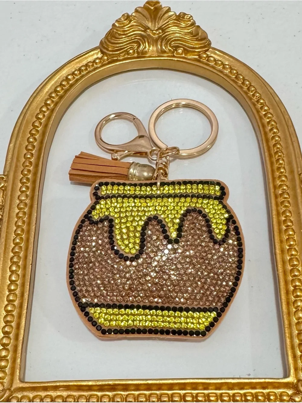 New Rhinestone Honey Pot Keychain Bag Charm Gold and Brown